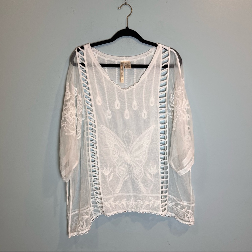 Forgotten Grace Women’s White Sheer Floral Embroidered Coverup Top Size XL
